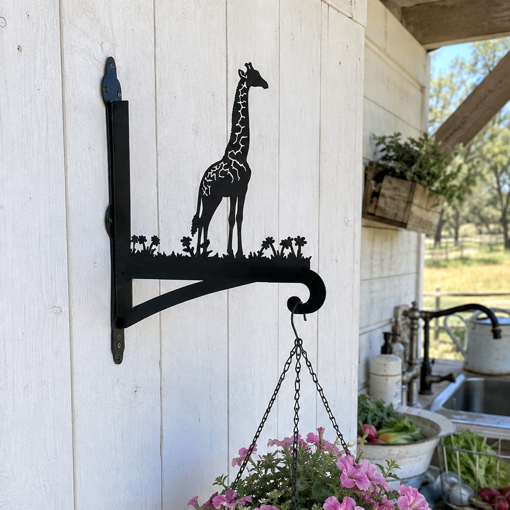 Giraffe metal hanging basket bracket mounted on outdoor wall for plant decoration