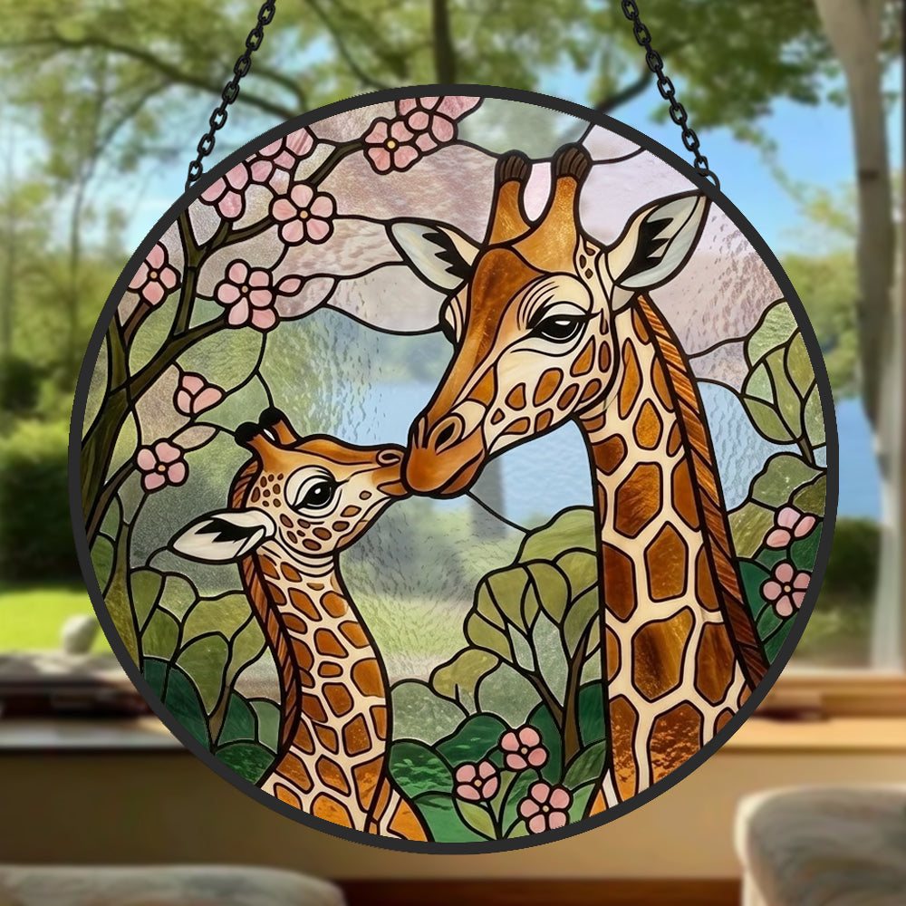 Giraffe mother and calf stained glass suncatcher window hanging, suitable for home and garden decoration