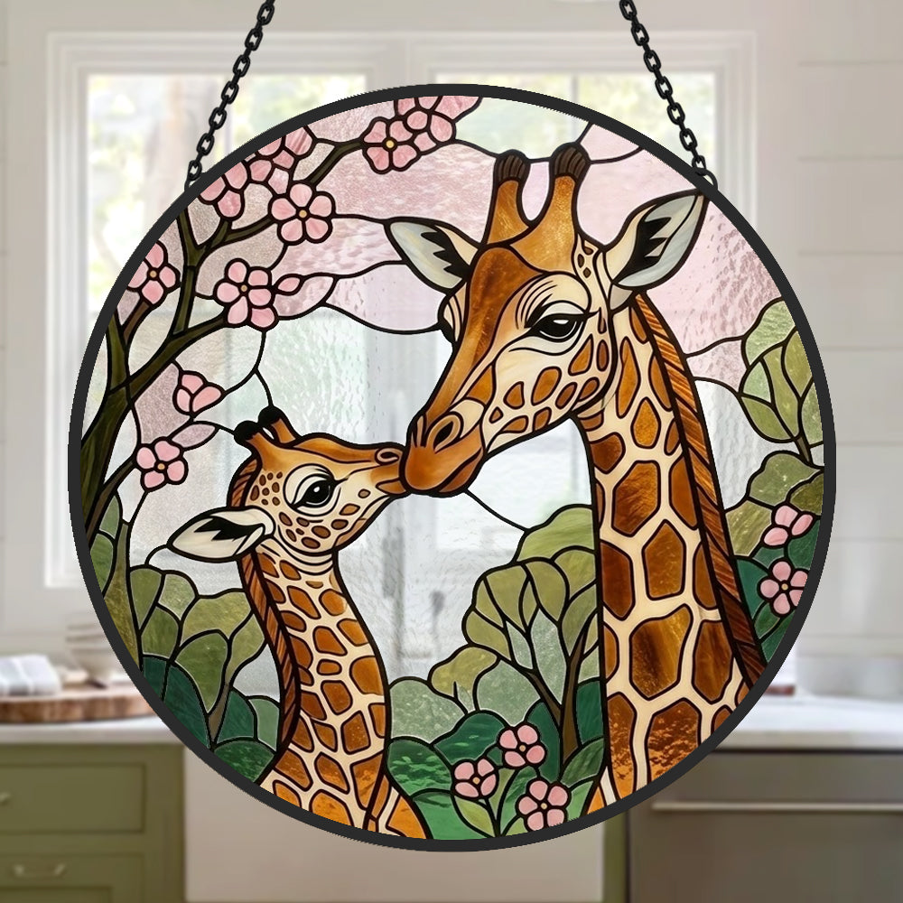 Giraffe mother and calf stained glass suncatcher window hanging, suitable for home and garden decoration