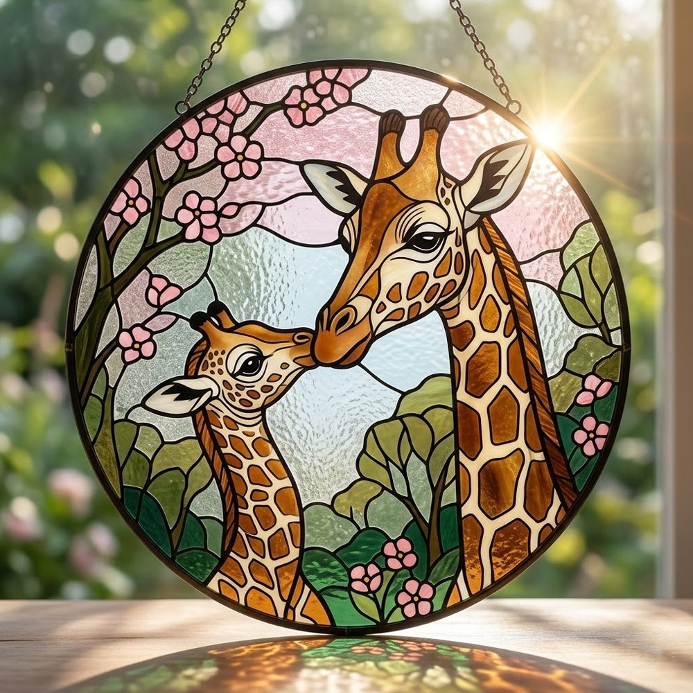 Giraffe mother and calf stained glass suncatcher window hanging, suitable for home and garden decoration
