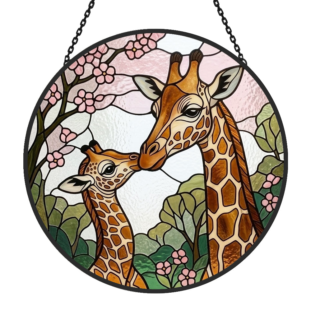Giraffe mother and calf stained glass suncatcher window hanging, suitable for home and garden decoration