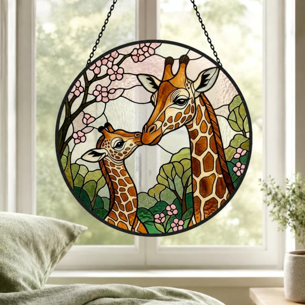 Giraffe mother and calf stained glass suncatcher window hanging, suitable for home and garden decoration