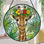 Giraffe with tropical flower crown stained glass suncatcher window hanging, suitable for home and garden decoration