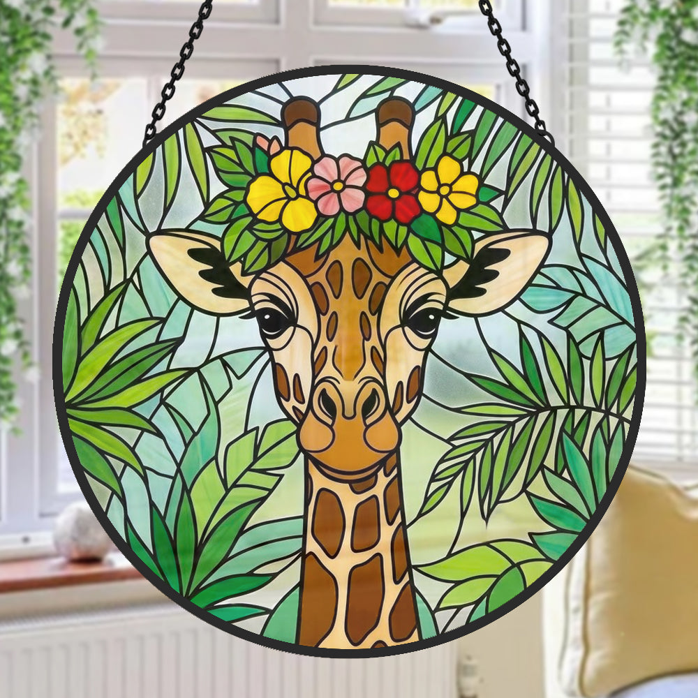 Giraffe with tropical flower crown stained glass suncatcher window hanging, suitable for home and garden decoration