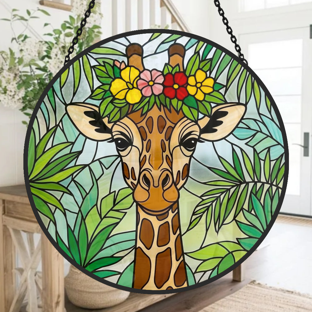Giraffe with tropical flower crown stained glass suncatcher window hanging, suitable for home and garden decoration