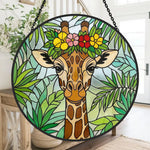 Giraffe with tropical flower crown stained glass suncatcher window hanging, suitable for home and garden decoration