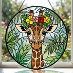 Giraffe with tropical flower crown stained glass suncatcher window hanging, suitable for home and garden decoration