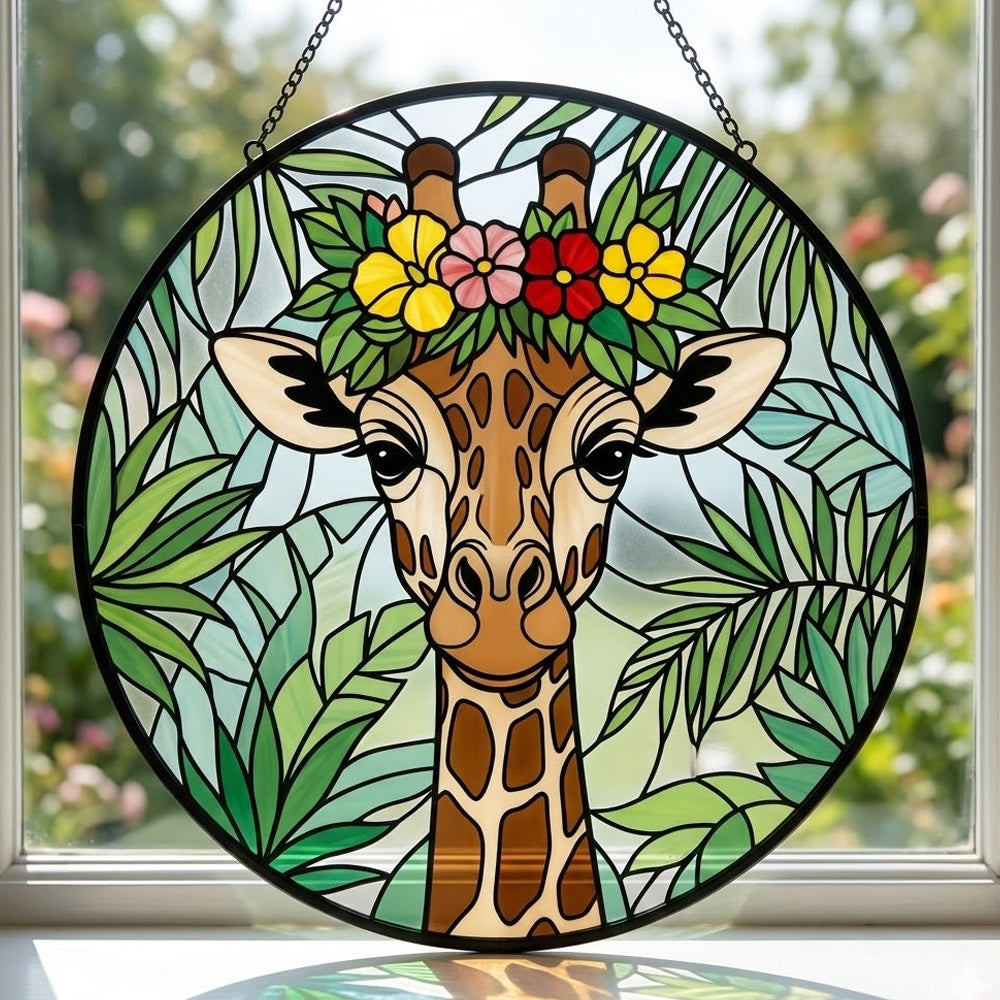 Giraffe with tropical flower crown stained glass suncatcher window hanging, suitable for home and garden decoration