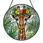 Giraffe with tropical flower crown stained glass suncatcher window hanging, suitable for home and garden decoration