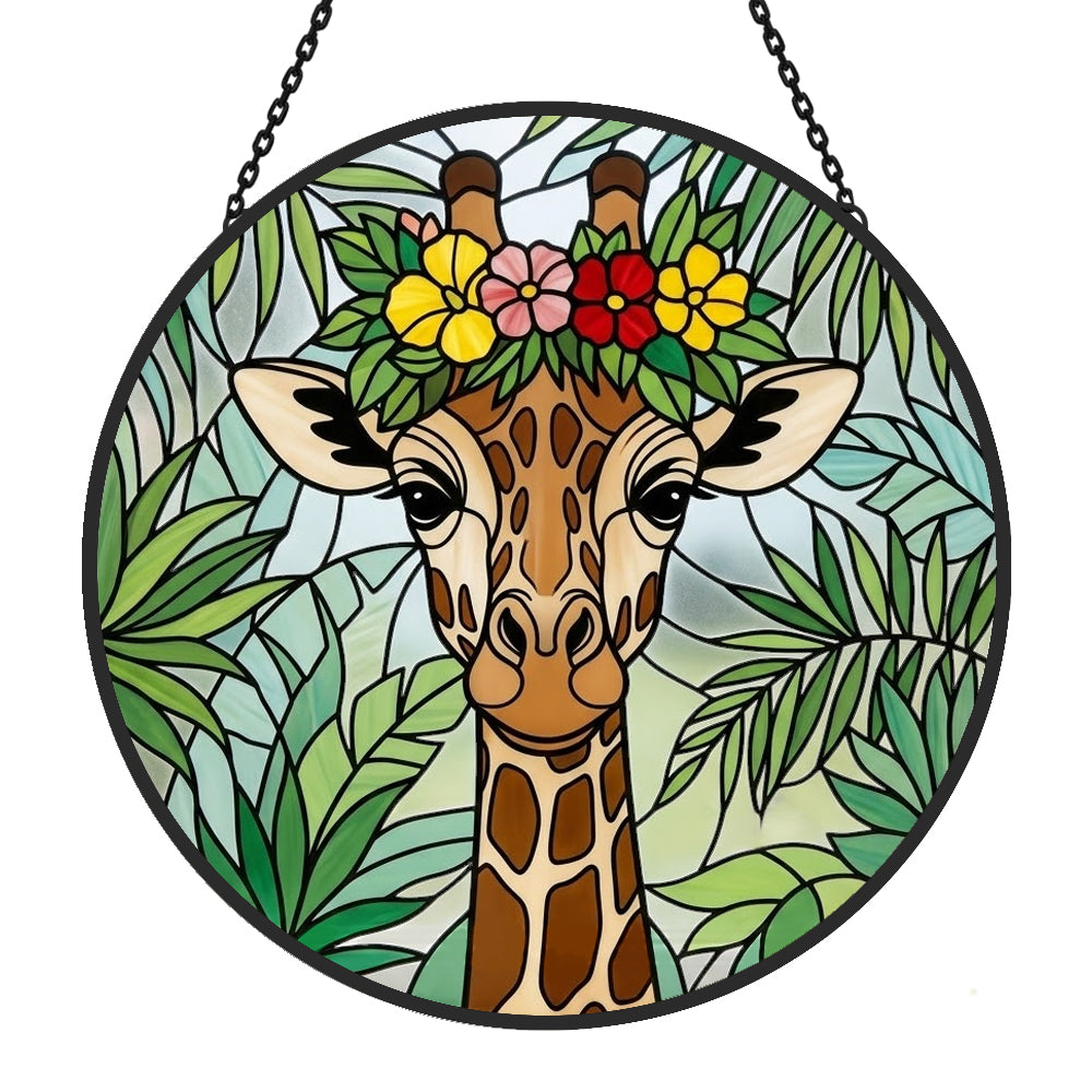 Giraffe with tropical flower crown stained glass suncatcher window hanging, suitable for home and garden decoration