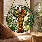 Giraffe with tropical flower crown stained glass suncatcher window hanging, suitable for home and garden decoration