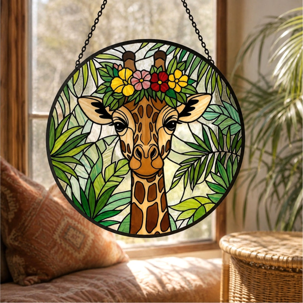 Giraffe with tropical flower crown stained glass suncatcher window hanging, suitable for home and garden decoration