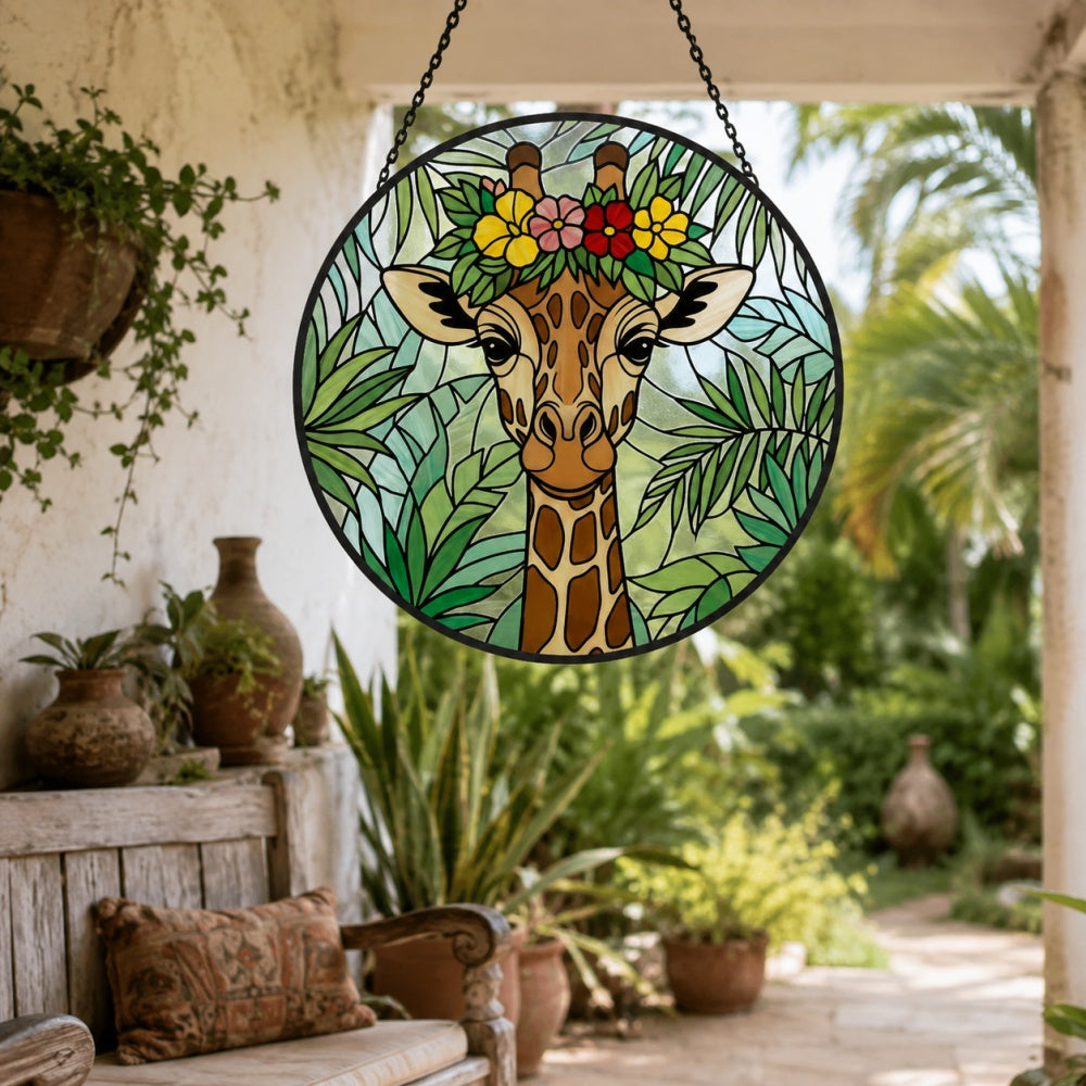 Giraffe with tropical flower crown stained glass suncatcher window hanging, suitable for home and garden decoration
