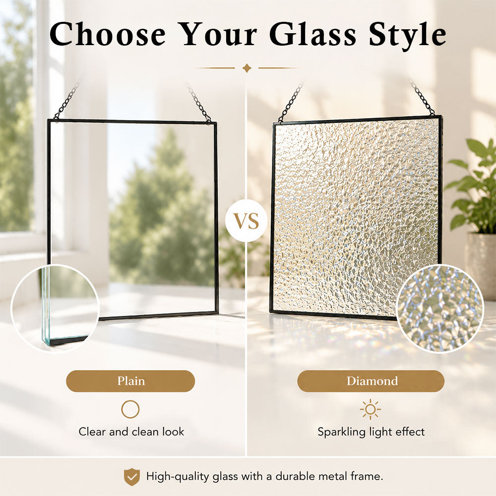 Diamond textured glass and clear plane glass comparison for window hanging