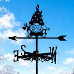 Gnome with bird metal weather vane with directional arrows and mounting rod, outdoor roof and garden decoration