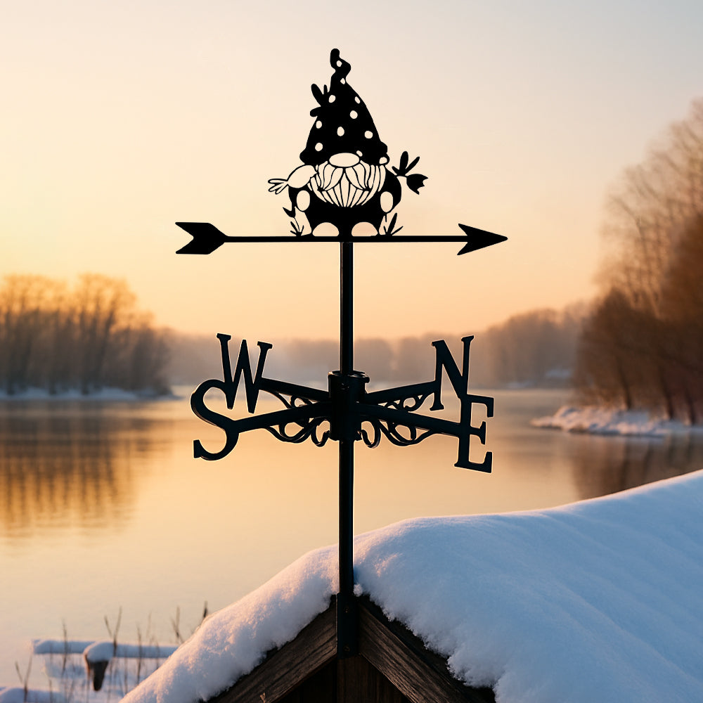 Gnome with bird metal weather vane with directional arrows and mounting rod, outdoor roof and garden decoration