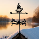 Gnome with bird metal weather vane with directional arrows and mounting rod, outdoor roof and garden decoration