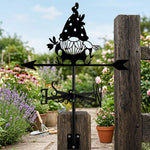 Gnome with bird metal weather vane with directional arrows and mounting rod, outdoor roof and garden decoration