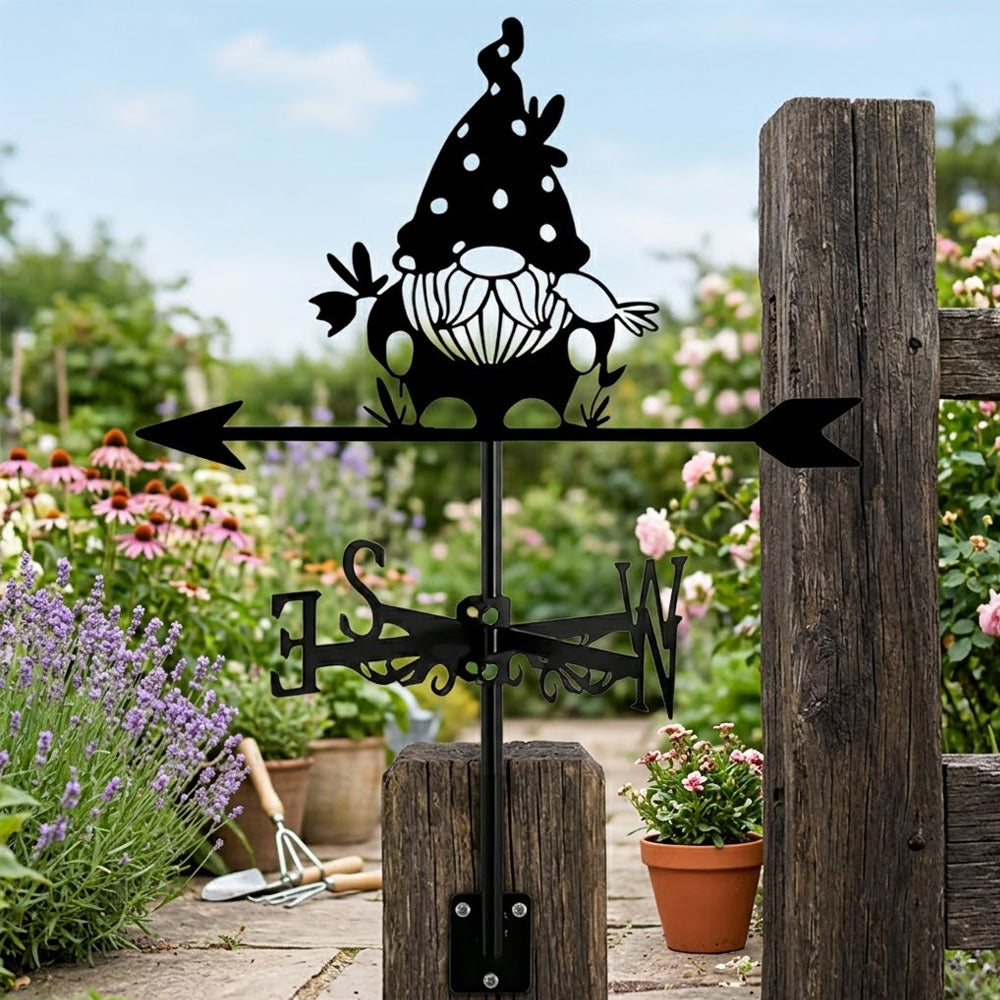 Gnome with bird metal weather vane with directional arrows and mounting rod, outdoor roof and garden decoration