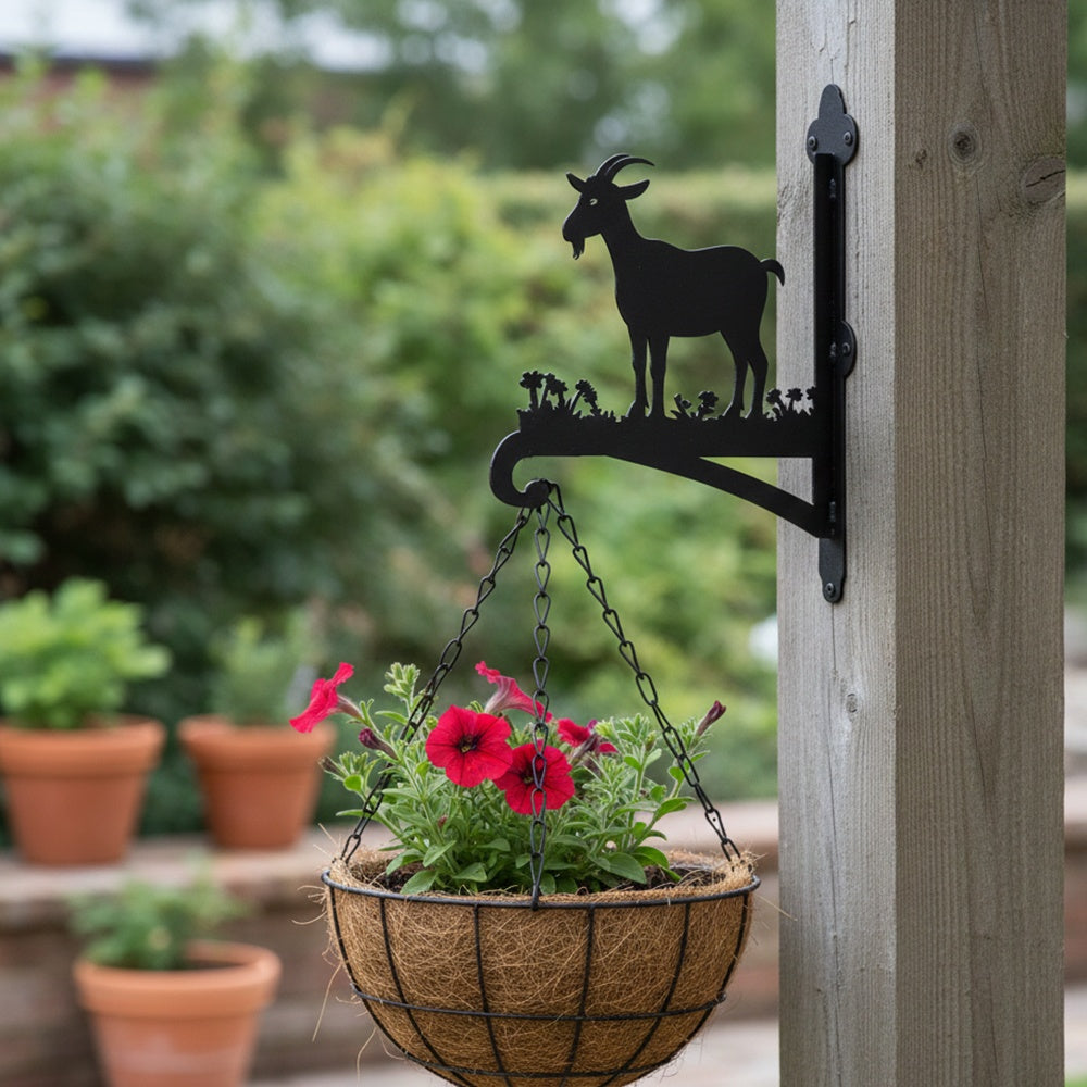 Goat metal hanging basket bracket mounted on outdoor wall for plant decoration