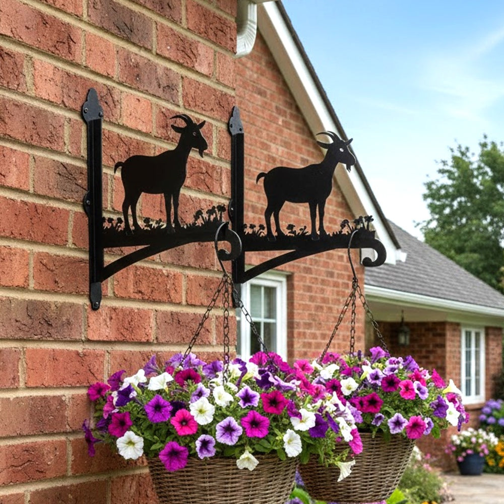 Goat metal hanging basket bracket mounted on outdoor wall for plant decoration