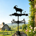 Goat on rock metal weather vane with directional arrows and mounting rod, outdoor roof and garden decoration
