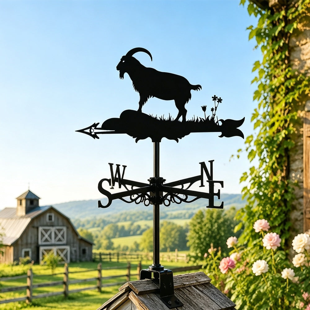 Goat on rock metal weather vane with directional arrows and mounting rod, outdoor roof and garden decoration