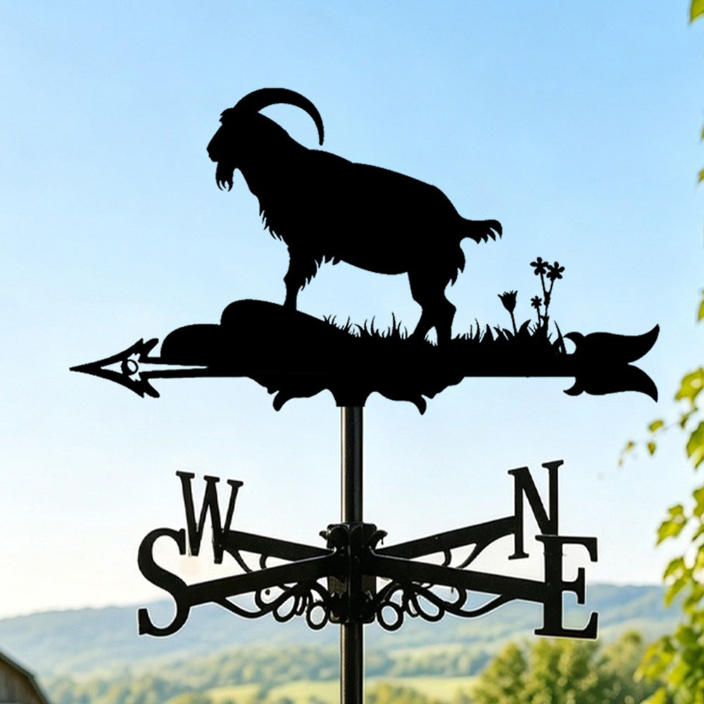 Goat on rock metal weather vane with directional arrows and mounting rod, outdoor roof and garden decoration