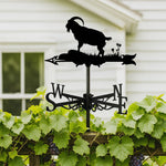 Goat on rock metal weather vane with directional arrows and mounting rod, outdoor roof and garden decoration