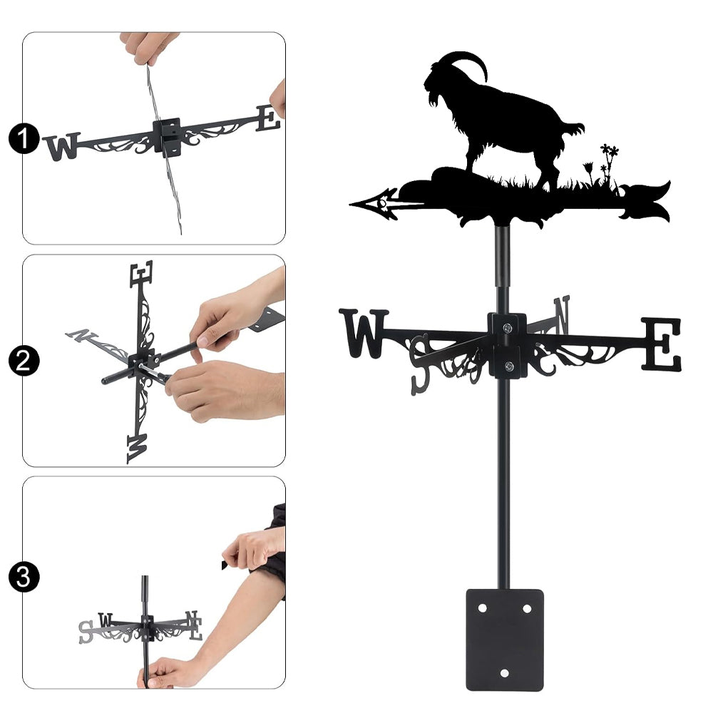 Goat on rock metal weather vane with directional arrows and mounting rod, outdoor roof and garden decoration