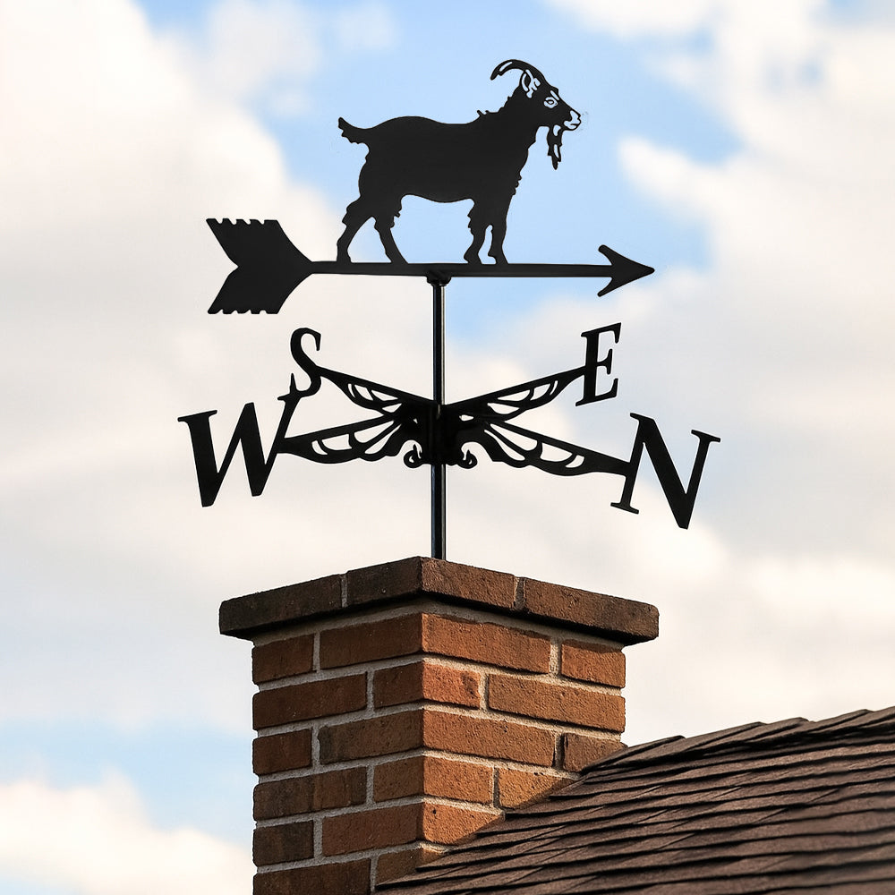 Goat metal weather vane with directional arrows and mounting rod, outdoor roof and garden decoration