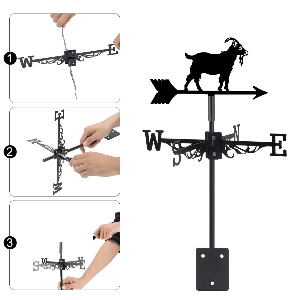 Goat metal weather vane with directional arrows and mounting rod, outdoor roof and garden decoration