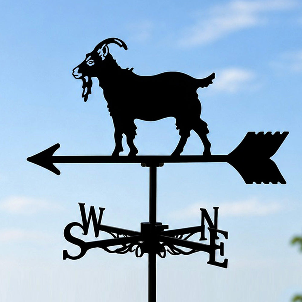 Goat metal weather vane with directional arrows and mounting rod, outdoor roof and garden decoration