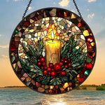 Golden candle holiday stained glass suncatcher window hanging, suitable for home and garden decoration