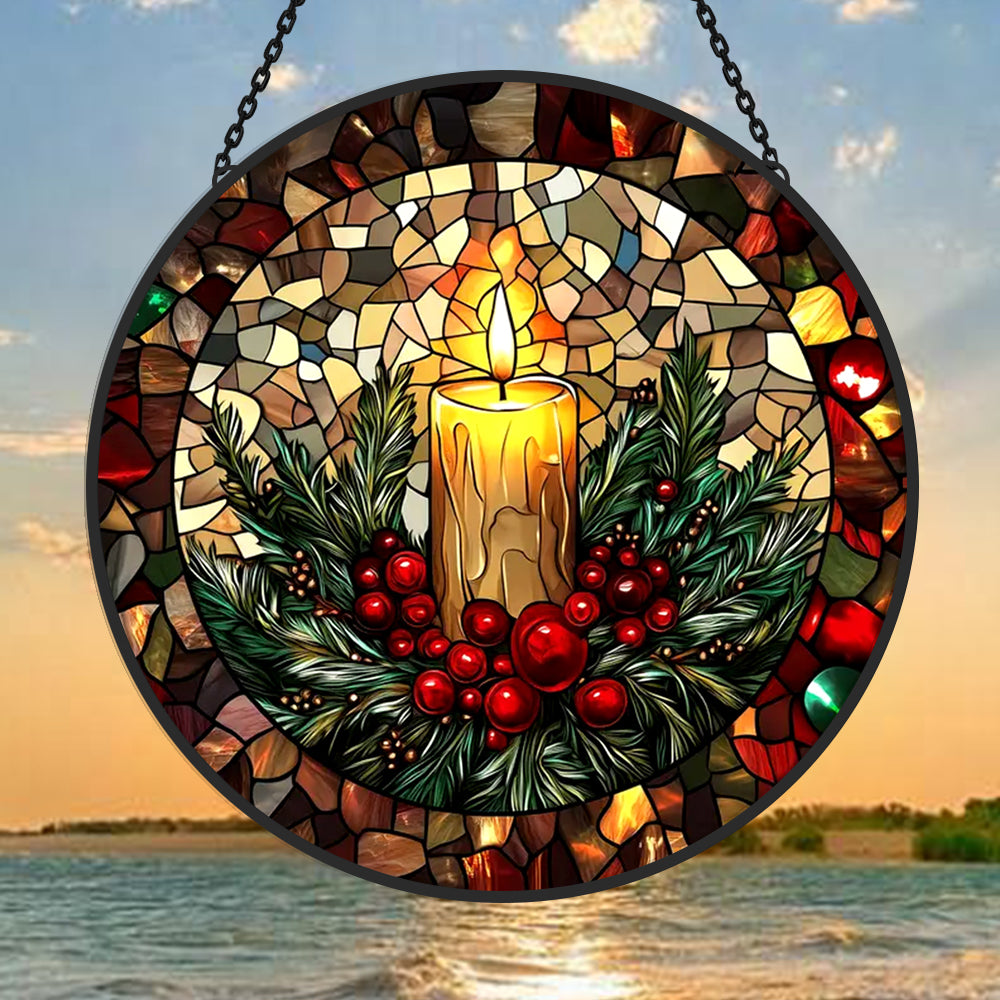 Golden candle holiday stained glass suncatcher window hanging, suitable for home and garden decoration