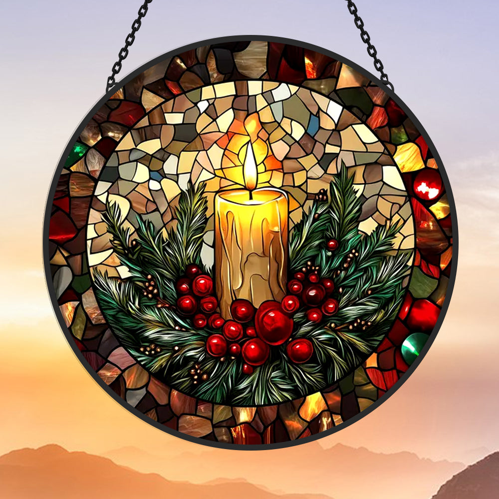 Golden candle holiday stained glass suncatcher window hanging, suitable for home and garden decoration