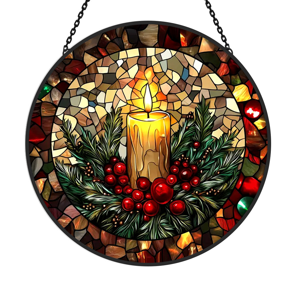 Golden candle holiday stained glass suncatcher window hanging, suitable for home and garden decoration
