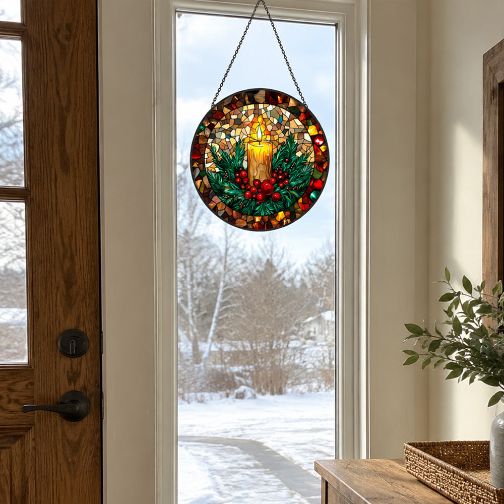 Golden candle holiday stained glass suncatcher window hanging, suitable for home and garden decoration