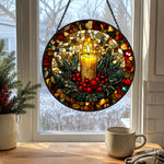 Golden candle holiday stained glass suncatcher window hanging, suitable for home and garden decoration