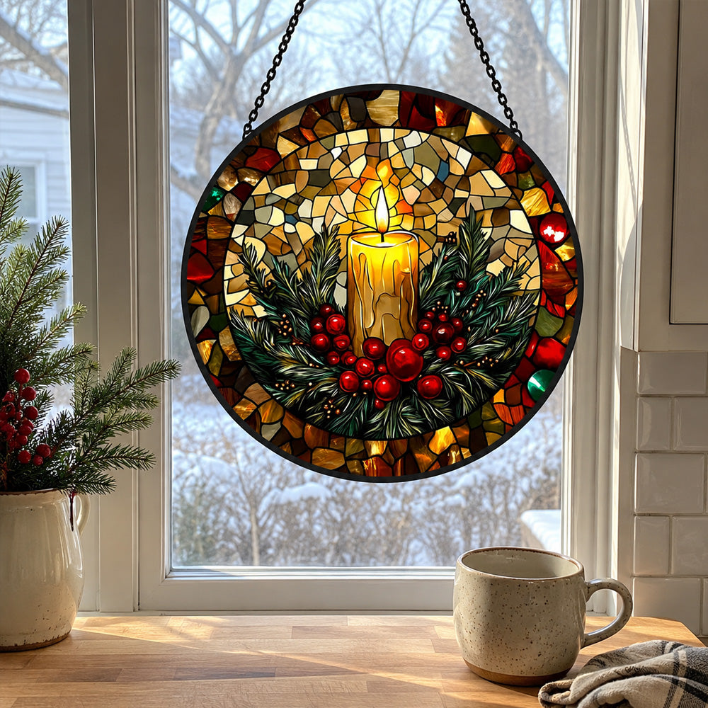 Golden candle holiday stained glass suncatcher window hanging, suitable for home and garden decoration