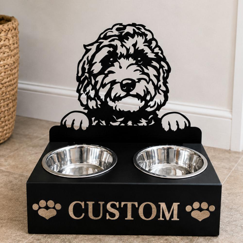 Personalized golden doodle metal dog bowl stand with custom name cutout and two removable feeding bowls