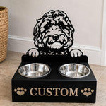Personalized golden doodle metal dog bowl stand with custom name cutout and two removable feeding bowls