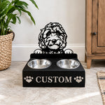 Personalized golden doodle metal dog bowl stand with custom name cutout and two removable feeding bowls