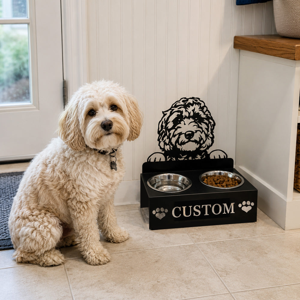 Personalized golden doodle metal dog bowl stand with custom name cutout and two removable feeding bowls