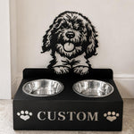 Personalized golden doodle metal dog bowl stand with custom name cutout and two removable feeding bowls
