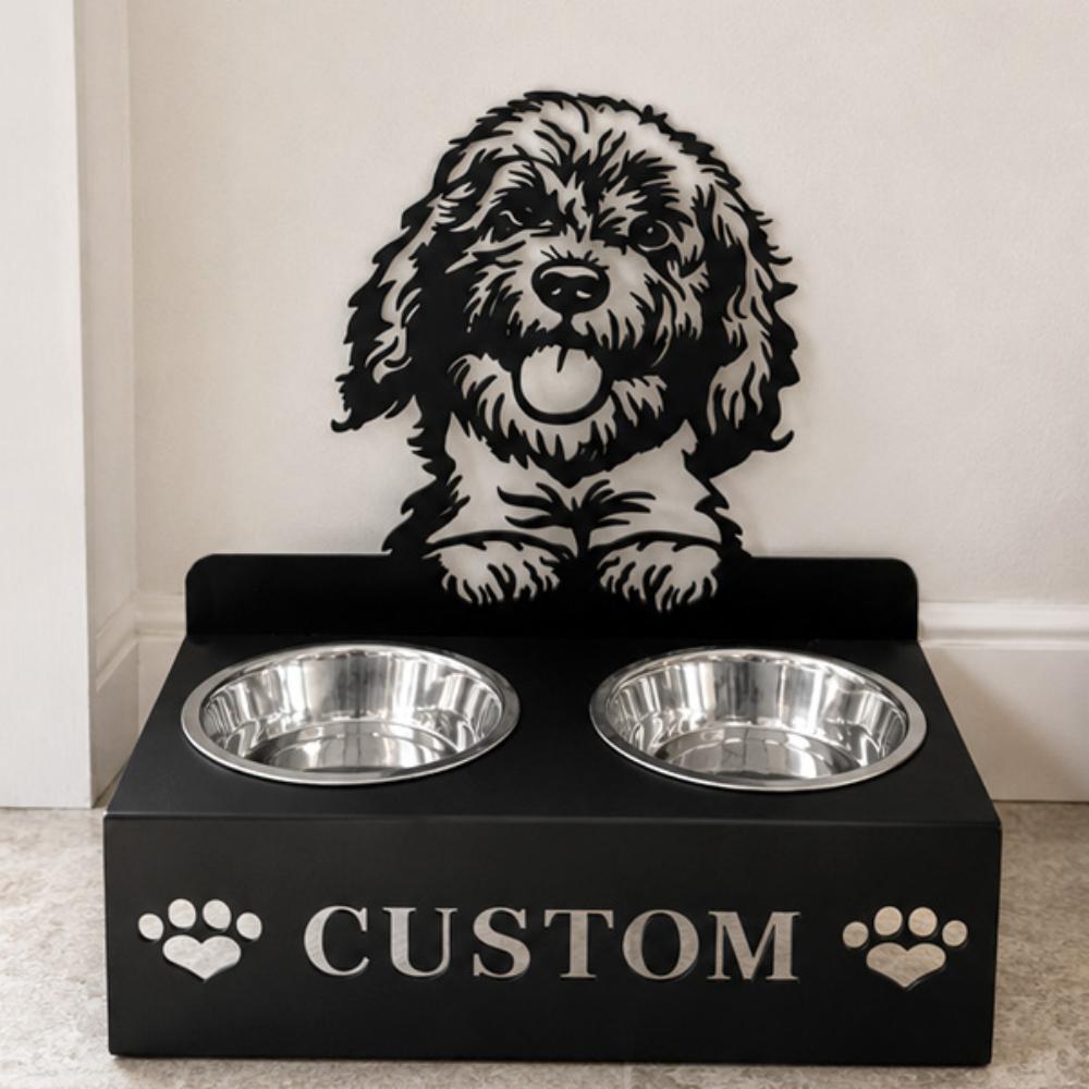 Personalized golden doodle metal dog bowl stand with custom name cutout and two removable feeding bowls