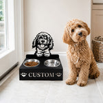Personalized golden doodle metal dog bowl stand with custom name cutout and two removable feeding bowls