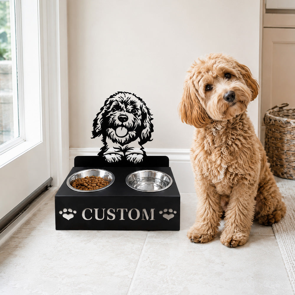 Personalized golden doodle metal dog bowl stand with custom name cutout and two removable feeding bowls