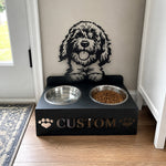 Personalized golden doodle metal dog bowl stand with custom name cutout and two removable feeding bowls