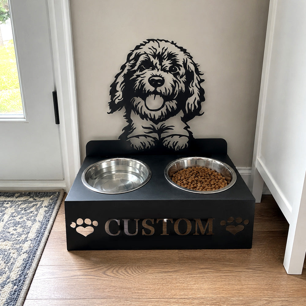 Personalized golden doodle metal dog bowl stand with custom name cutout and two removable feeding bowls